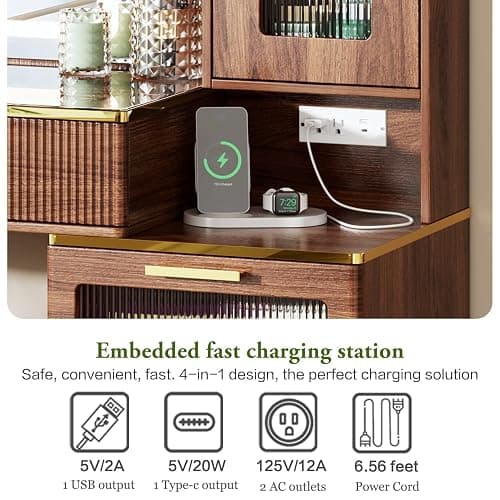 Chrangmay 47.24" Big Modern Vanity Desk with Mirror and Lights,Makeup Vanity Desk with 5 Drawers and Storage Shelves & Power Outlet,Dressing Table with Glass Top, Brown thumbnail 7