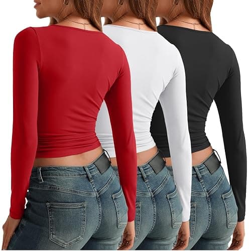 AUTOMET 3 Pack Womens Long Sleeve Shirts Fall Fashion Scoop Neck Crop Tops Basic Layer Slim Fit Y2K Clothes thumbnail 4