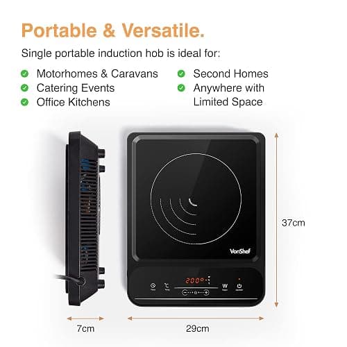 VonShef Single Induction Hob – 2000W Portable Induction Cooker w/LED Touch Display, 3 Hour Timer, 10 Heat Settings 60-240°C, Safety Lock - Black - Single thumbnail 3