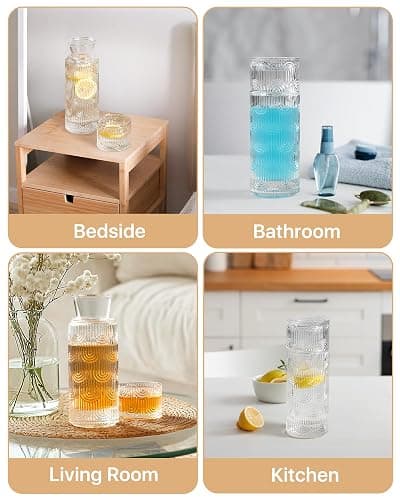 DmmyAlzx Bedside Water Carafe and Glass Set, Mouthwash Dispenser for Bathroom, 21.6 Oz Glass Water Bottles with 6 Oz Drinking Cup as Lid, Pitcher for Nightstand (Clear) thumbnail 8