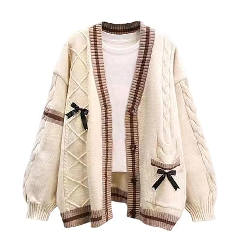 FindThy Women’s Kawaii JK School Uniform Cardigans Long Sleeve Button Up Cardigan with Pinned Bowknot - Image 1