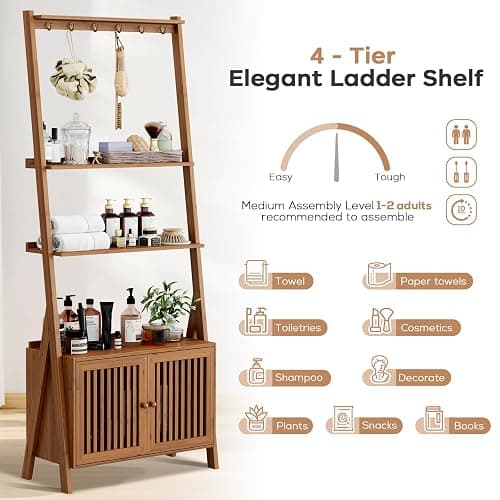 Bookcase with Drawers, 4-Tier Bamboo Bookshelf Ladder Shelf with 6 Hooks, Tall Narrow Retro Book Shelf, 24.8"L x 10.6"W x 59.5"H, Standing Storage Organizer for Living Room, Office, Bedroom, Walnut thumbnail 5