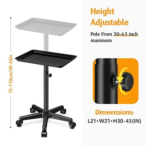 DEER BEAUTY Salon Tray on Wheels - Premium Aluminum Tattoo Tray Rolling Trolley - Adjustable Salon Service Rolling Tray Hairdresser Cart with Clinic Spa Rolling Tray Wheels (Black) thumbnail 3