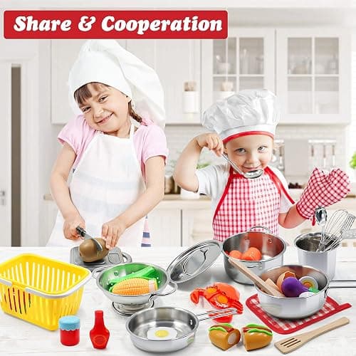 Kids Pretend Play Kitchen Toys Accessories Set, 32 Items Stainless Steel Toy Pots and Pans Sets w/ Rack Organizer, Metal Cooking Utensils & Apron, Play Food w/ Basket for Kids Girls Boys Toddlers thumbnail 3