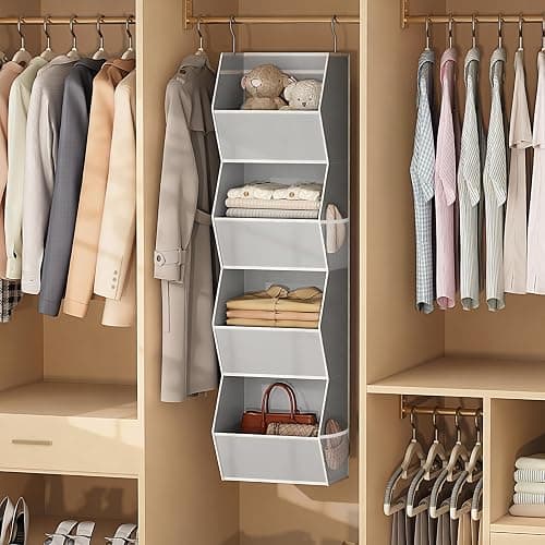 Hanging Closet Organizer 4 Shelf Collapsible Bedroom Closet Organizers and Storage Hanging with Mesh Pockets for Clothes, Fabric Hanging Storage Bins for Wardrobe Closet Organization and Storage, Grey thumbnail 7