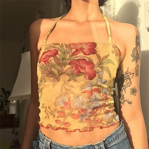 Women Y2k Tube Tops Halter Sleeveless Floral Print Backless Aesthetic Slim Crop Tank Top Cami Streetwear thumbnail 2