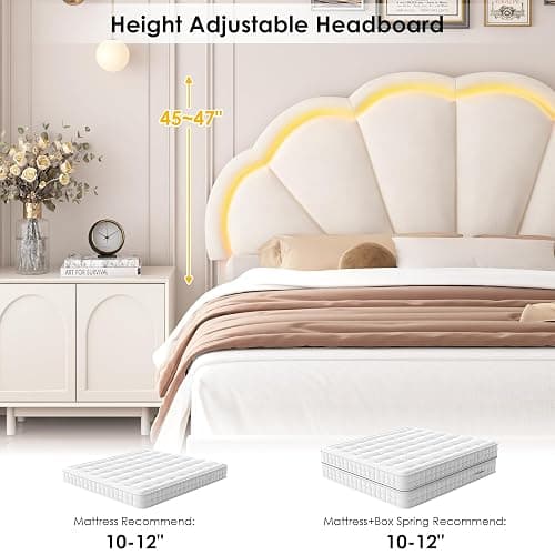 HIFIT Queen Upholstered Smart LED Bed Frame with Adjustable Chic Petal Headboard, Soft Princess Queen Size Platform Bed Frame for Girls, Wooden Slat Support, No Box Spring Needed, Easy Assembly, Beige thumbnail 6