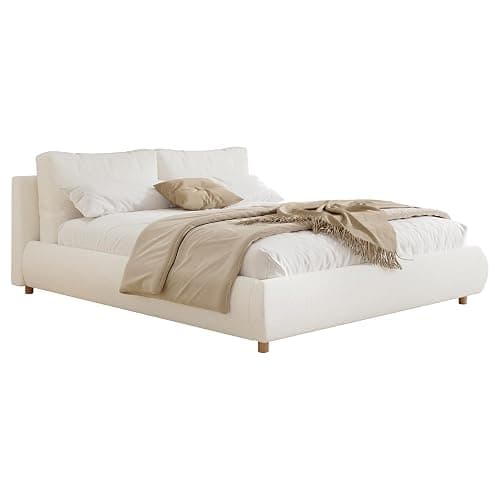 BEDGJH Cozy Queen Size Upholstered Platform Bed Frame with 2 Removable Pillow Headboards, Boucle Fabric, Perfect for Minimalist Bedrooms (White, Queen) thumbnail 7