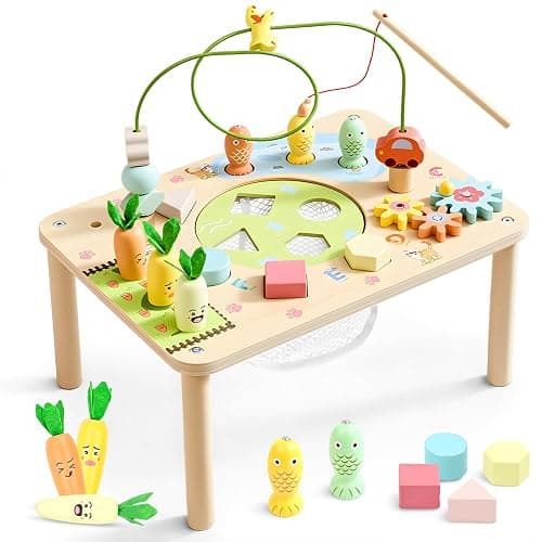 wingyz Activity Table, 6 in 1 Wooden Montessori Activity Center with Bead Maze Shape Sorter Fishing Game, Kids Sensory Play Table Toddler Toys 1st Birthday Gifts Boy Girl(Morandi-Square) thumbnail 9