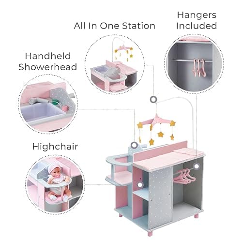 Olivia's Little World 6-in-1 Wooden Baby Doll Changing Station with Crib, Changing Table, High Chair, Double-Door Closet, Sink and Washing Machine, Multicolored thumbnail 5