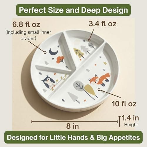 OKiBoo Non-Toxic Divided Ceramic Toddler Plate with Silicone Lid & Non-Slip Base, 8 Inch Microwave & Dishwasher Safe Porcelain Dish for Babies, Kids, Animal Design (Sky Mist) thumbnail 3