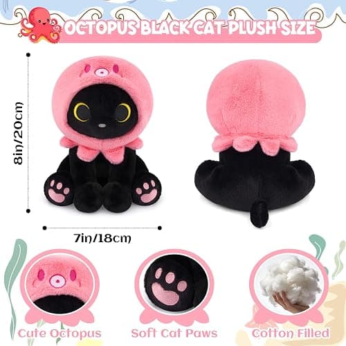 KOPHINYE Octopus Cat Plush - 8" Black Cat Stuffed Animal with Removable Squid Plush Hood, Soft Huggable Plushie Toy for Kids, Kawaii Plushies Birthday Gift for Girlfriend thumbnail 3