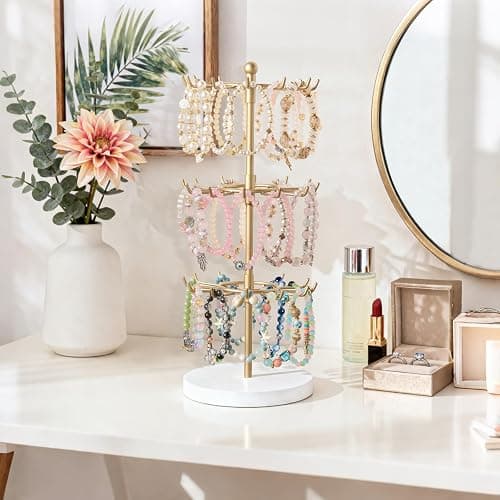 Mkono Bracelet Holder Gold Metal Rotating Bracelet Display Stand 3 Tier Jewelry Tower rack with 36 Hooks and Wood Base Modern Adjustable Storage Organizer Tree for Selling Bangle Accessories thumbnail 2