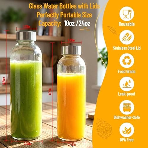 Luxfuel Clear Glass Bottles with Lids 18 oz, Reusable Glass Water Bottles with Stainless Steel Cap for Refrigerator, Juicing, 100% Leak Proof, BPA Free, Juice Bottle Drinking Jar Containers Set of 6 thumbnail 6