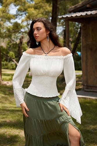 Scarlet Darkness Renaissance Shirt Women Bell Sleeve Off The Shoulder Pirate Blouse Peasant Dressy Top thumbnail 9