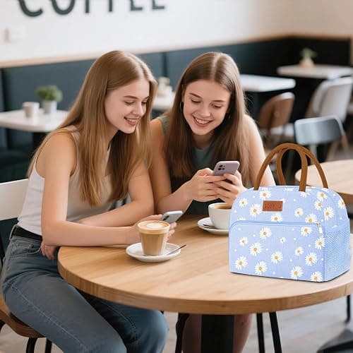 Coobiiya Lunch Bag Lunch Box for Women Men, Reusable Cute Lunchbag - Leakproof, Adult Insulated Lunch Box Tote with Large Capacity, Cooler Container for Work, Travel, Office (Blue Daisy) thumbnail 2