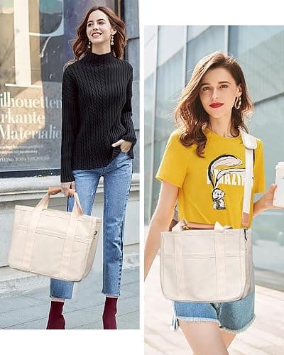 Canvas Tote Bag with Multi-Pocket for Women Large Crossbody Shoulder Handbag Everything Tote Bag with Compartments - Large - Beige thumbnail 3
