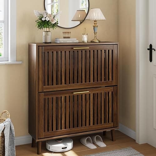 Smart FENDEE Schuhschrank Bauernhausstil, schmaler freistehender Schuh-Organizer mit 2 klappbaren Latten-Schubladen (Slatted), goldene Griffe, versteckter Eingangsbereich für Flur, Walnuss 80B cm thumbnail 7