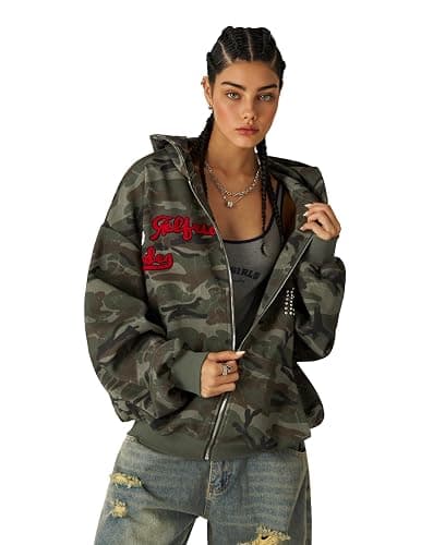 Aelfric Eden Camo Zip Up Hoodie with Studded Y2k Graphic Oversized Hoodies Vintage Streetwear Outfits thumbnail 2
