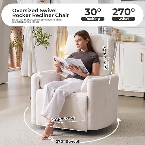 Rhevoy Oversized Swivel Recliner Chair with Massage and Heat, Rocking Chair Nursery with Adjustable Headrest, Rocking Chair Nursery Glider Chairs with 2 Pillows, Glider Rocker Recliner, White thumbnail 4