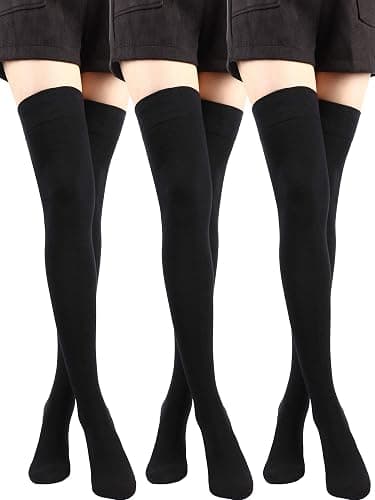 SATINIOR 3 Pairs Thigh High Socks Cotton Over Knee Socks Knit Long Boot Stocking, Black, Medium - Image 1