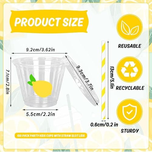 Whaline 100 Pcs Lemon Disposable Plastic Cups with Lids and Straws 9 Oz Party Cups Yellow Lemon Cold Beverage Drinking Cup for Iced Coffee Smoothie Juice Tea thumbnail 3