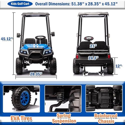 NEWQIDA 24V Golf Cart for Kids Battery Powered 4 Seater Ride on Toys Big Kids Electric Car with Parent Remote Control, Plastic Roof, EVA Tires Wheels, Music Play, 220 Lbs Max Load, Up to 5MPH, Blue thumbnail 3