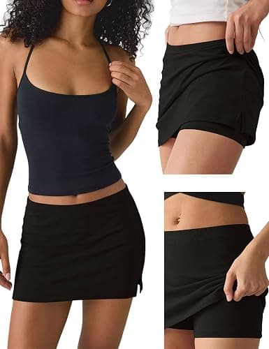 AKEWEI Women's Low Waist Mini Skort Skirt with Built-in Shorts Side Slit | Cotton Stretchy Bodycon Skorts, Micro Mini Black Skirts with Shorts Underneath, Sexy Y2k Streetwear, Casual Going Out Outfits thumbnail 4