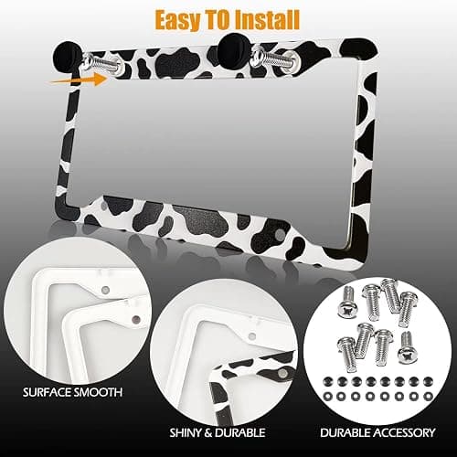 Cow Print License Plate Frame Holders Covers Cute Animal White Black Spot Cow Tags Frames Covers Holder Stainless Aluminum Metal 2 Pack 4 Holes for USA Canada Vehicle Standard thumbnail 4
