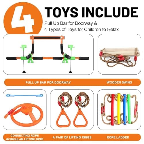 Doorway Swing mount for Kids & Door Pull Up Bar for Adults, Indoor Kid Swing with 4 Accessories, Multi-Function Doorway Gym, Fits Door Frame 24.41-30.51'' W x 3.94-6.69'' Thickness (Orange) thumbnail 2