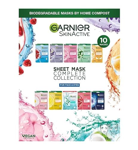 Garnier Sheet Masks Complete Collection, Set of Sheet Masks for Face and Eyes, With Natural Plant Extracts, Hyaluronic Acid Serum and Vegan, Biodegradable Tissue, SkinActive, 10 Pieces - Complete collection 10 pack - Image 1