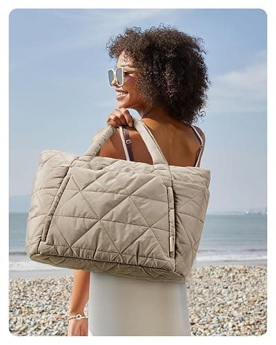 BAGSMART Tote Bag for Women, Puffy Tote Bag with Zipper, Large Quilted Shoulder Bag with Compartments for Travel, Work, Gym thumbnail 2