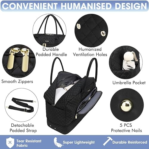LUOCIP Large Women Travel Duffle Bag, Carry on Bag with Wet Toiletry Pocket for Overnight, Weekend, Yoga, Gym, Business Trips, Sport and Hospital, Black thumbnail 4
