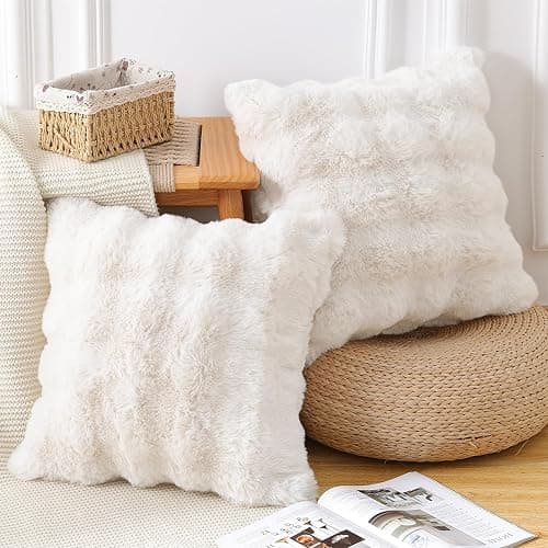Madizz Pack of 2 Thick Plush Wool Cushion Covers 40x40 cm Cream Soft Neutral Decorative Throw Pillow Covers Accent Boho Pillowcases for Couch Sofa Bedroom Pillow Shell thumbnail 2
