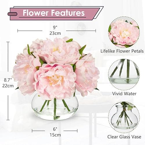 Hollyone Pink Peonies Artificial Flowers with Vase Faux Flowers Peony Fake Flowers Silk Flower Arrangements in Glass Vase with Faux Water for Home Decor Bathroom Table Centerpiece Shelf Decorations thumbnail 3