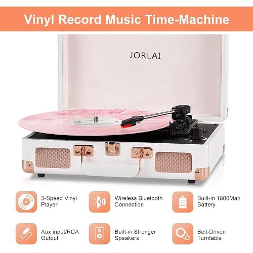 JORLAI White Stylish Record Player 3-Speed Portable Suitcase Turntable with Bluetooth, 3.5mm Audio Jack Vinyl Phonograph with Built-in Speakers/Battery 3.5mm Aux-in/RCA Line Out - White Rose thumbnail 2