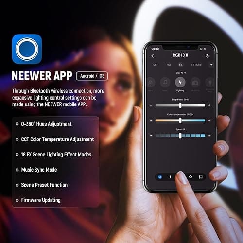 NEEWER 18 Inch RGB LED Ring Light APP Control with Tripod Stand and Phone HolderCompatible with iPhone for Selfie Makeup Lash Studio Streaming Video Recording Lighting, 42W Ringlight Dimmable,RGB18 II thumbnail 5