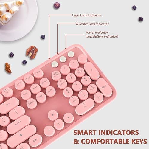 Kootop Wireless Keyboard, Cute Colorful 104 Keys Typewriter Retro Round Keycaps Keyboard for PC Laptop,Desktop,Windows, Home and Office Keyboards (Pink) thumbnail 3