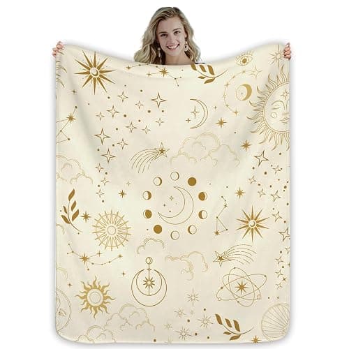 Miyotaa Celestial Constellation Astrology Blanket 50Wx60H Inch Sun Moon Phase Mysterious Beige Crescent Tarot Witchy Gift Warm Fuzzy Throw Blanket for Sofa Bed Throws Birthday Presents - Image 1