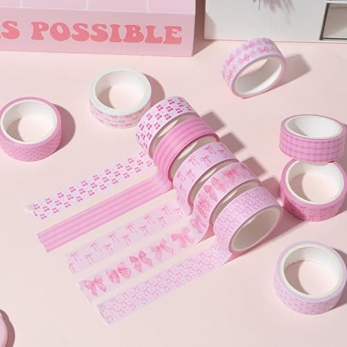 BkeeCten 12pcs Pink Bow Washi Tape, Trendy Watercolor Pink Bow Cherry Preppy Aesthetic Decorative Tape, Cute Bowknot Heart Buffalo Plaid Artistic Tape for DIY Craft Scrapbook Wrapping Decor thumbnail 4