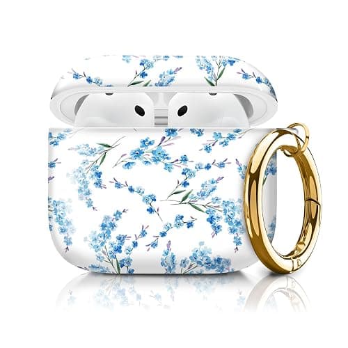 Cute Case Cover Compatible with AirPods 4th Generation 2024, Shockproof for Women & Girls with Cute Golden Round Buckle – Protective, Anti-Drop Design(Boho Blue Flower) - Image 1