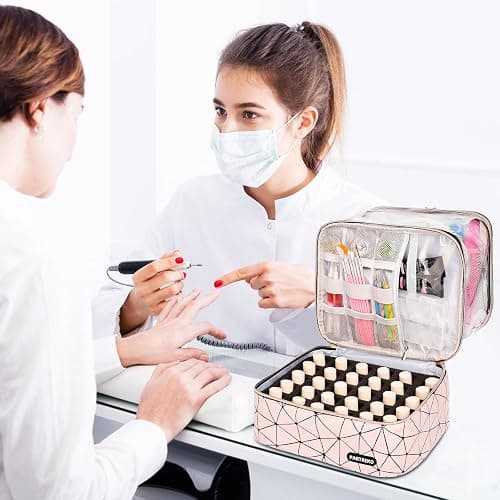 Partreko Clear Nail Polish Organizer Holds 60 Bottles (15ml/0.5fl.oz)& Nail Lamp, Double Layer Nail Supplies Organizer Case Transplant, PU Leather Nail kit Storage Bag for Manicure Tools (Pink) thumbnail 7