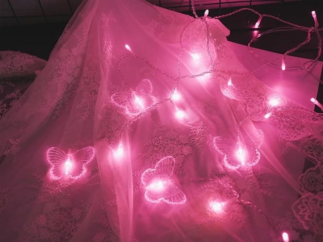 Butterfly Curtain Fairy Lights, 120LED Pink Twinkle String Lights with Romote, 8 Modes USB Powered Christmas Lights for Wedding, Bedroom, Party Decoration thumbnail 2