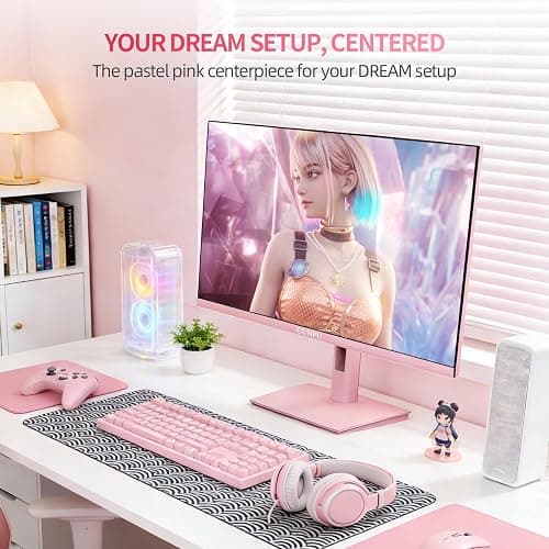 CUNPU 27 Inch Pastel Pink Gaming Monitor QHD 2560x1440 180/200Hz 1ms GTG Fast IPS Computer Monitor, 90% DCI-P3, Adaptive Sync, Built in Speaker, Height/Swivel/Tilt/Pivot Adjustable Stand, HDMI,DP thumbnail 3