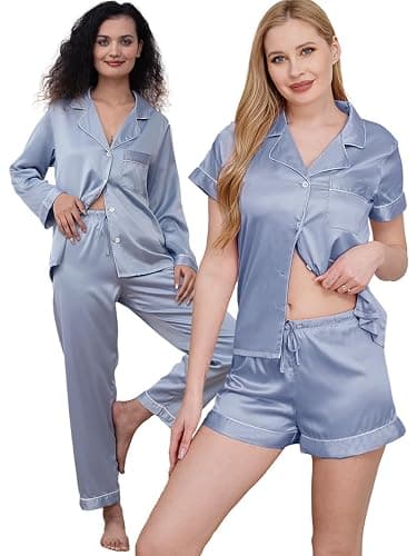 WJing Yi Jia 4Pcs Womens Silk Satin Pajama Sets Floral Pajamas Silky Pj Sets XS-2XL Button Down Pjs Set Loungewear Sleepwear thumbnail 2