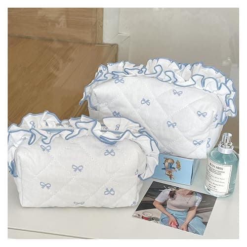 Aikeis Cute Tie Makeup Bag Cotton Quilted Plaid Lining Zipper Women Girls Kawaii Travel Cosmetic Bag (Light Blue), lightblue, Lace bow thumbnail 2