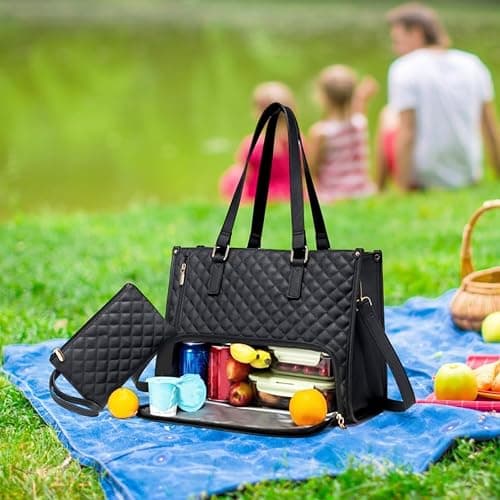 CHENBOOW Lunchtasche für Frauen,Laptop-Tasche mit Isoliertem Lunchfach 15,6 Zoll,Isolierte Lunchtasche,Große Einkaufstasche mit Mittagsabteil,2-in-1 Lunch Bag Handtasche Kombination - Schwarz thumbnail 6