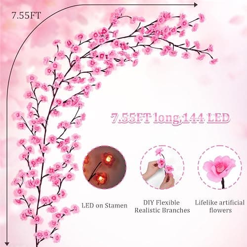 FIALAME 7.55 FT 144 LED Cherry Blossom Tree Branch Lights for Wall,8 Modes Artificial Pink Cherry Blossom Garland with Remote and Timer,Willow Vine Lights for Bedroom,Sakura Wall Decor thumbnail 6