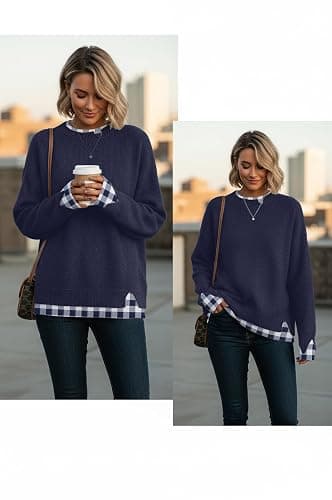 Womens Sweaters Fall Clothes Fashion 2026 Sweater School Teacher Outfits | Disamer Womens Sweater,Cowboy Chic Knit Cozy Sweater,Patchwork Long Sleeve Pullover Tops,Layered Winter Oversized Sweaters thumbnail 3