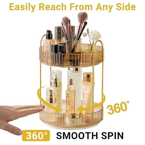 Asayuee 360 Rotating Makeup Organizer,2 Tier Large Capacity Make Up Organizers and Storage,Skincare Perfume Vanity Organizers,Bathroom Cosmetics Storage Organizer Countertop(Gold) thumbnail 4